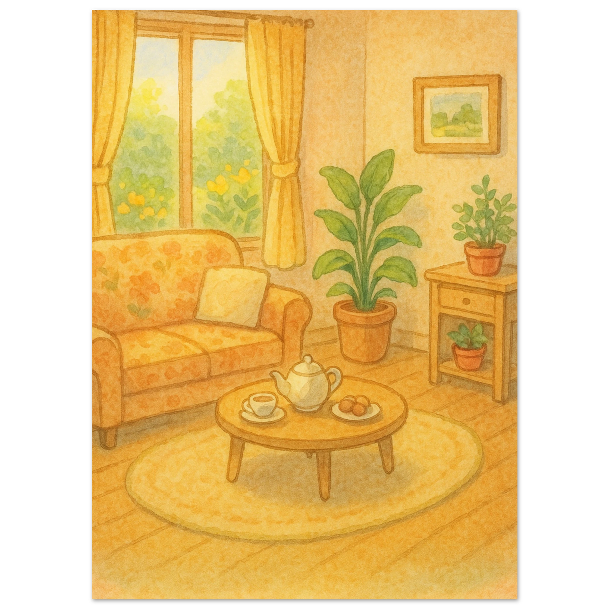 Carte Pokémon Gardevoir ex dans une scène chaleureuse et domestique avec une famille dans un salon cosy, fond pastel orangé.