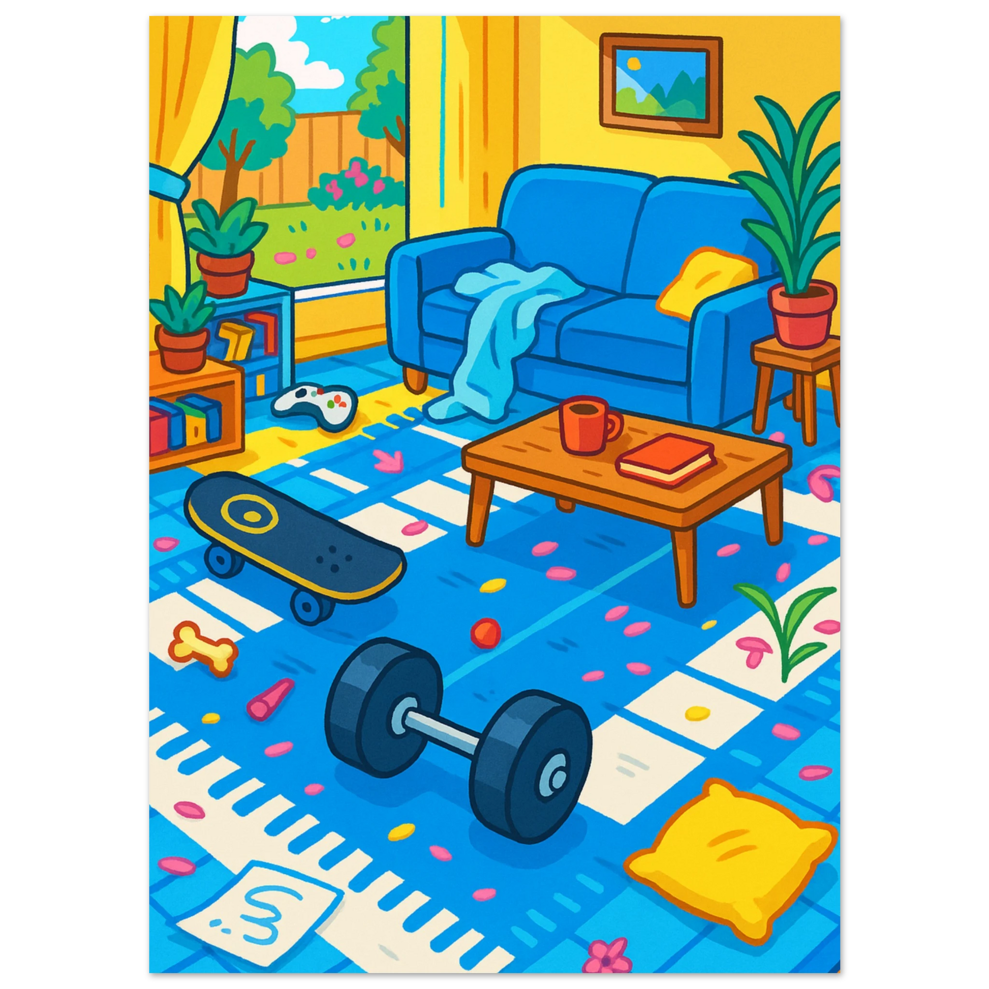 Carte Pokémon Riolu dans une chambre d’enfant colorée et désordonnée, ambiance joyeuse et familiale avec jouets et plantes.
