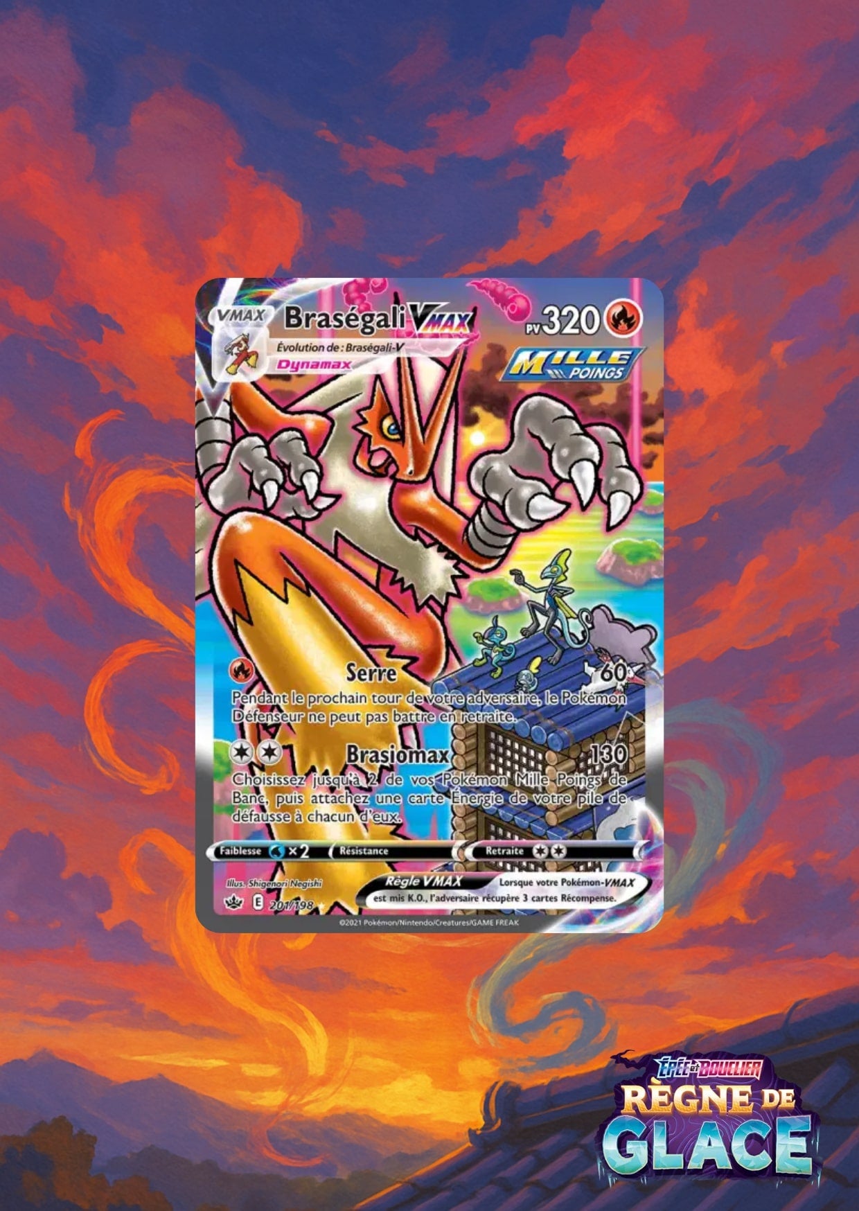 Carte Braségali VMAX dynamique, sur fond de ciel flamboyant aux teintes violettes et orange.