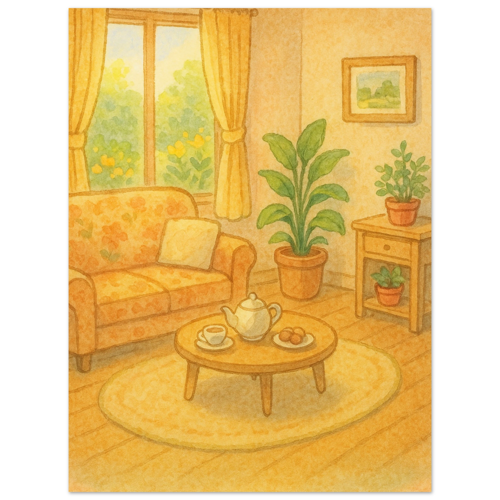 Carte Pokémon Gardevoir ex dans une scène chaleureuse et domestique avec une famille dans un salon cosy, fond pastel orangé.
