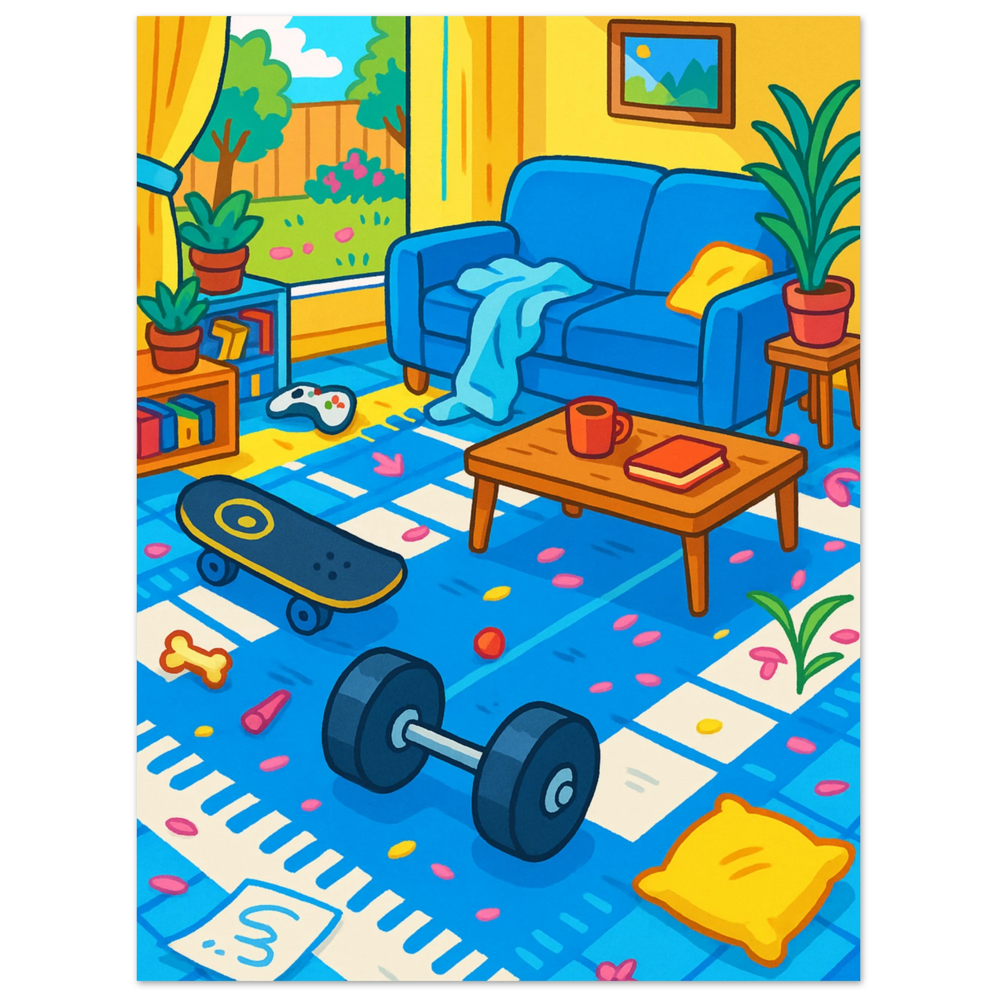 Carte Pokémon Riolu dans une chambre d’enfant colorée et désordonnée, ambiance joyeuse et familiale avec jouets et plantes.