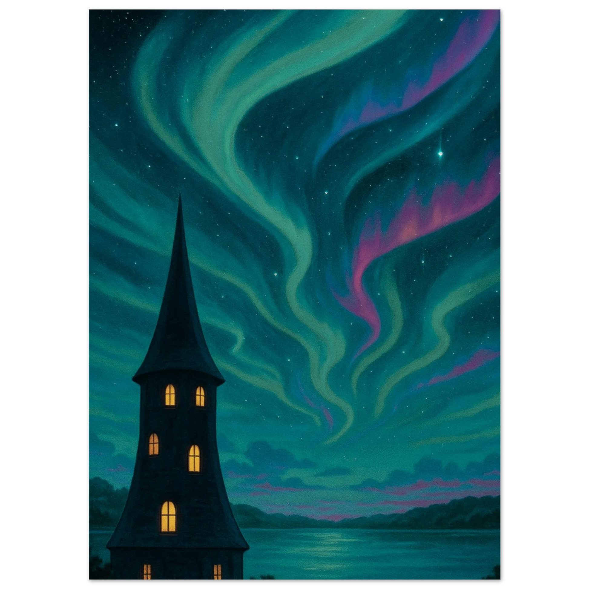 Carte Noctali VMAX sur fond d'aurore boréale avec silhouette de tour, ambiance sombre et magique.