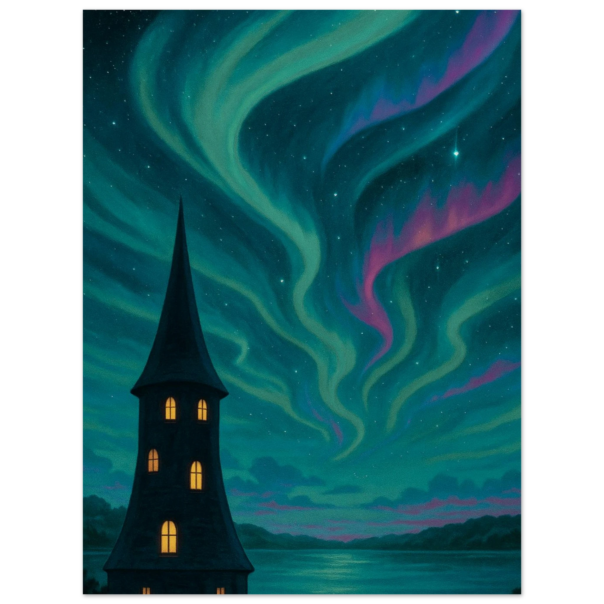 Carte Noctali VMAX sur fond d'aurore boréale avec silhouette de tour, ambiance sombre et magique.