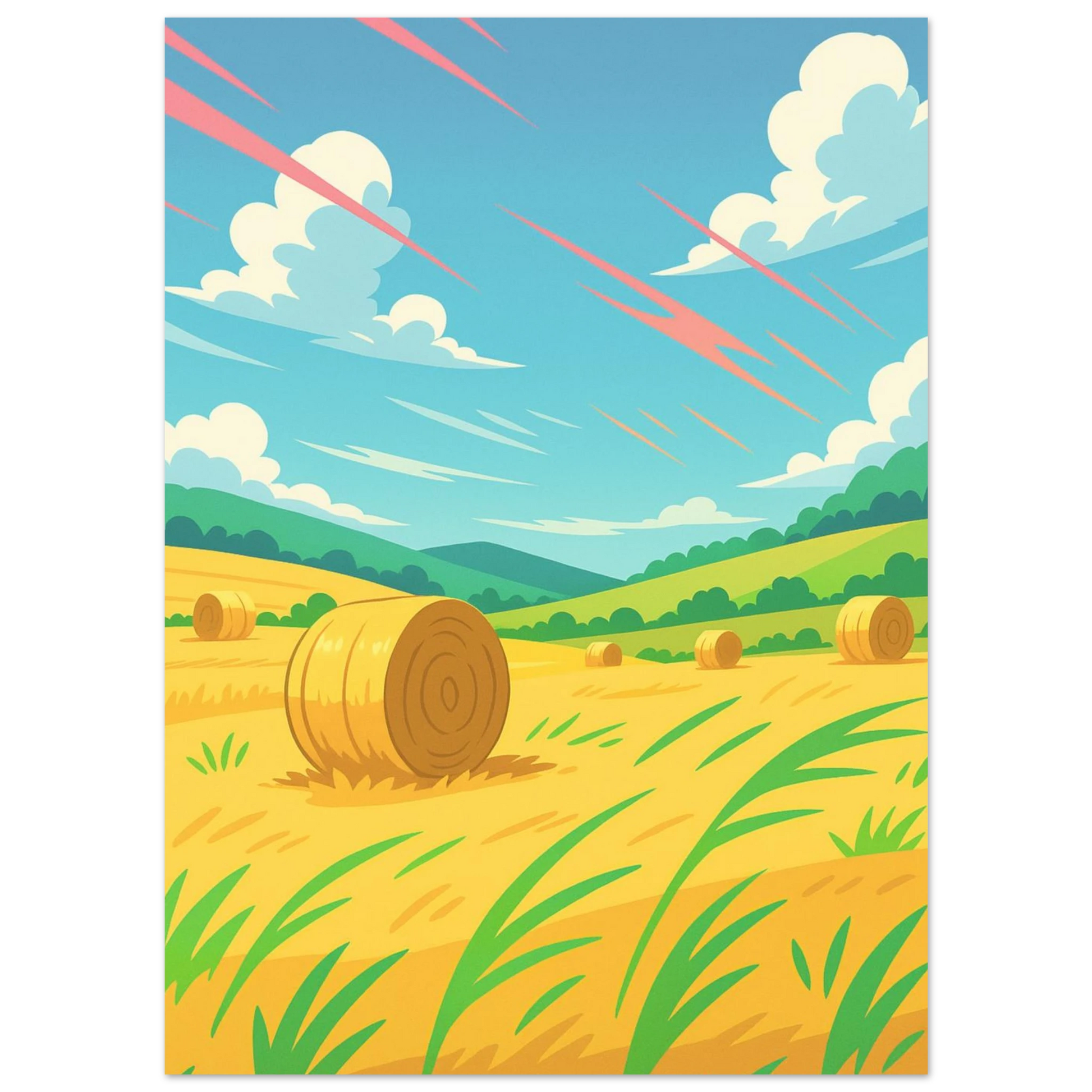 Carte Phyllali VMAX dans un champ en été, bottes de foin stylisées sur ciel bleu.