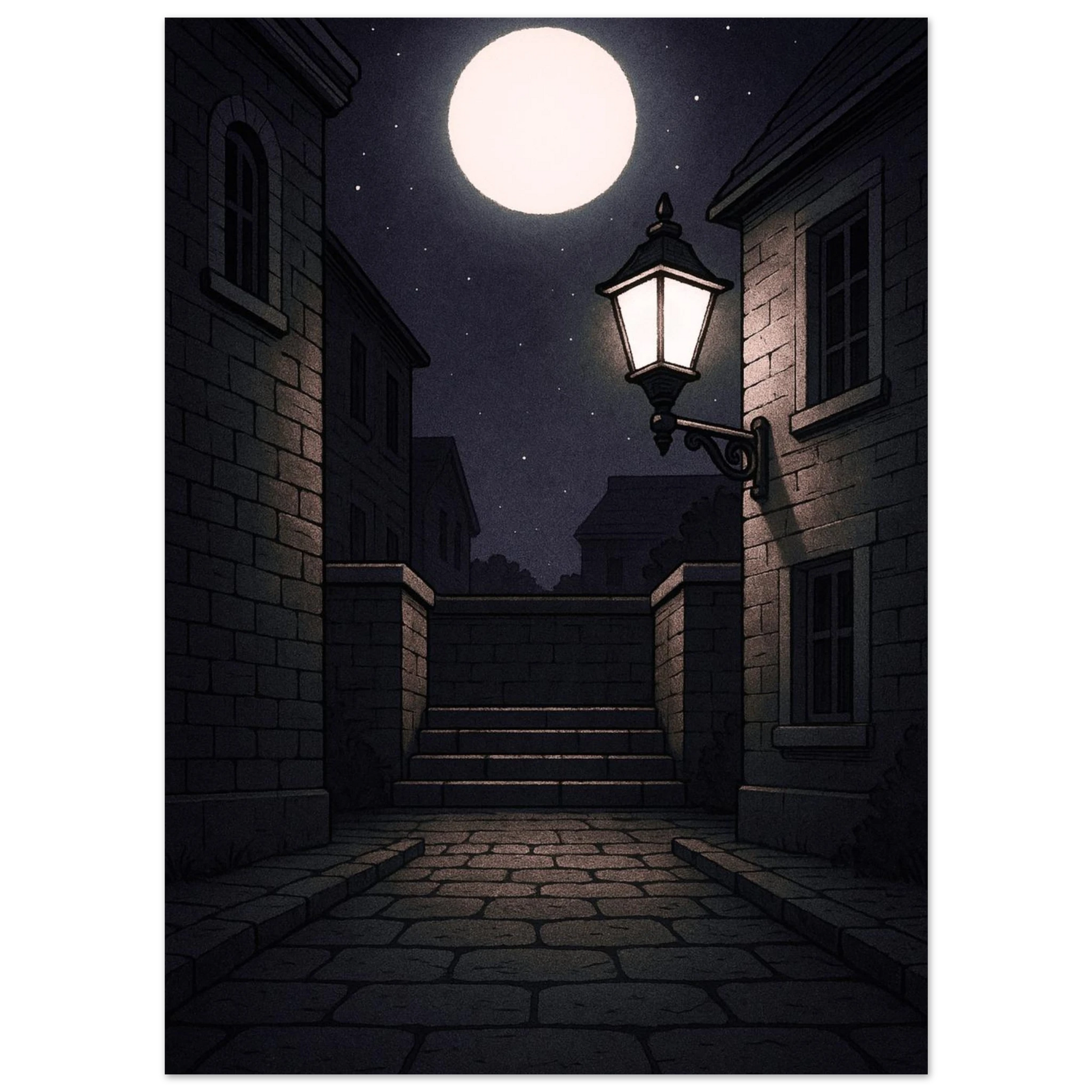 Noctali VMax ambiance rue pavée de nuit éclairée par une pleine lune, ambiance nocturne intime et mystérieuse dans une ville silencieuse.