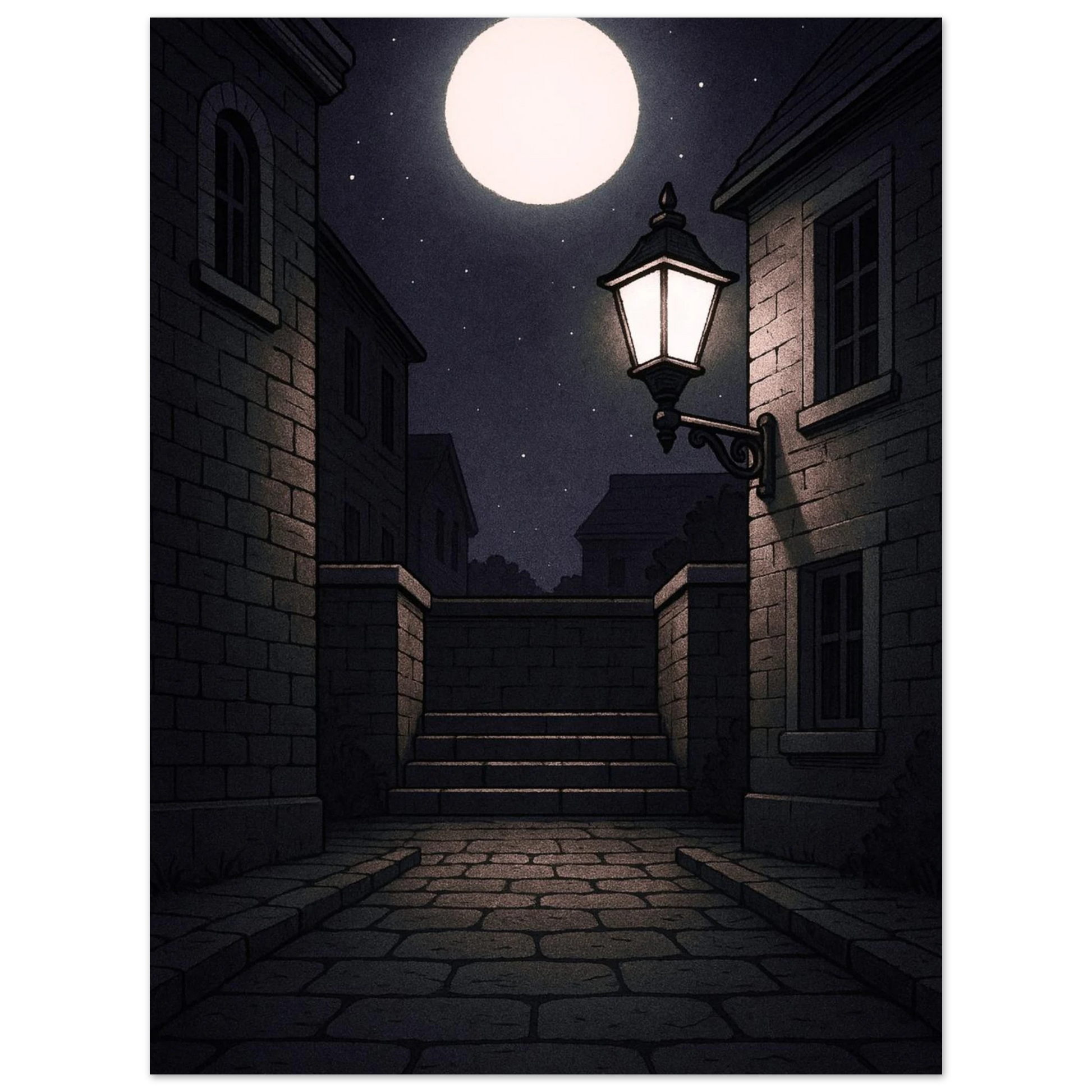 Noctali VMax ambiance rue pavée de nuit éclairée par une pleine lune, ambiance nocturne intime et mystérieuse dans une ville silencieuse.