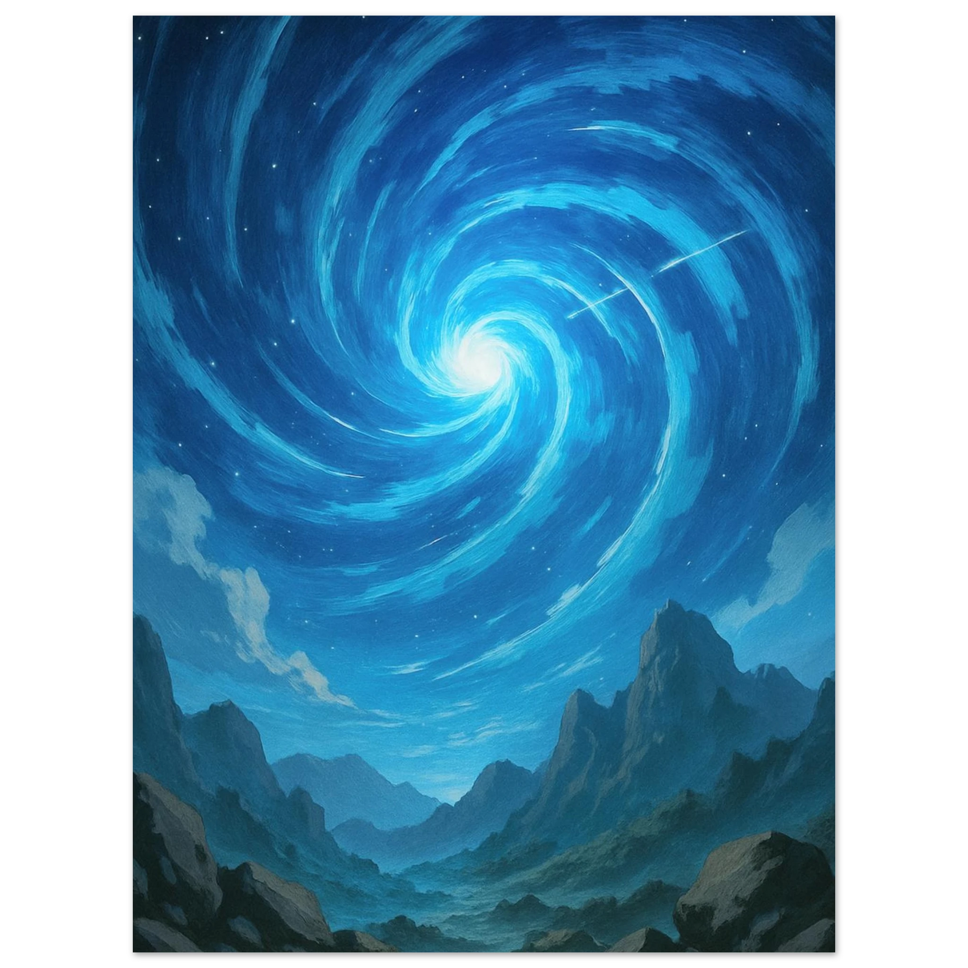 Carte Pokémon Rayquaza V, en vol au-dessus d’une montagne . Fond ciel Bleu.