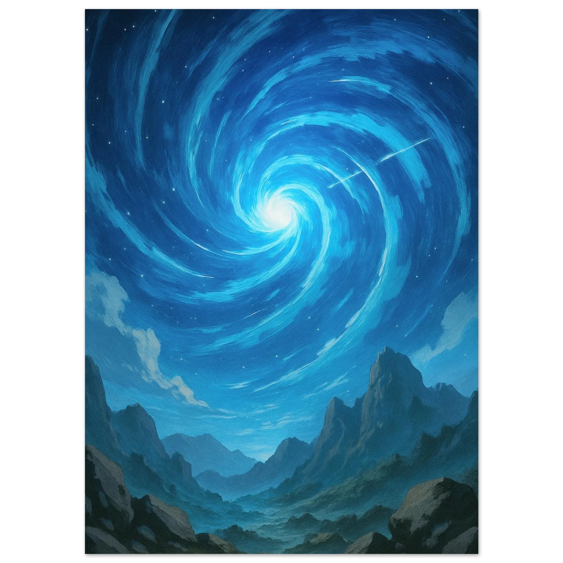 Carte Pokémon Rayquaza V, en vol au-dessus d’une montagne . Fond ciel Bleu.