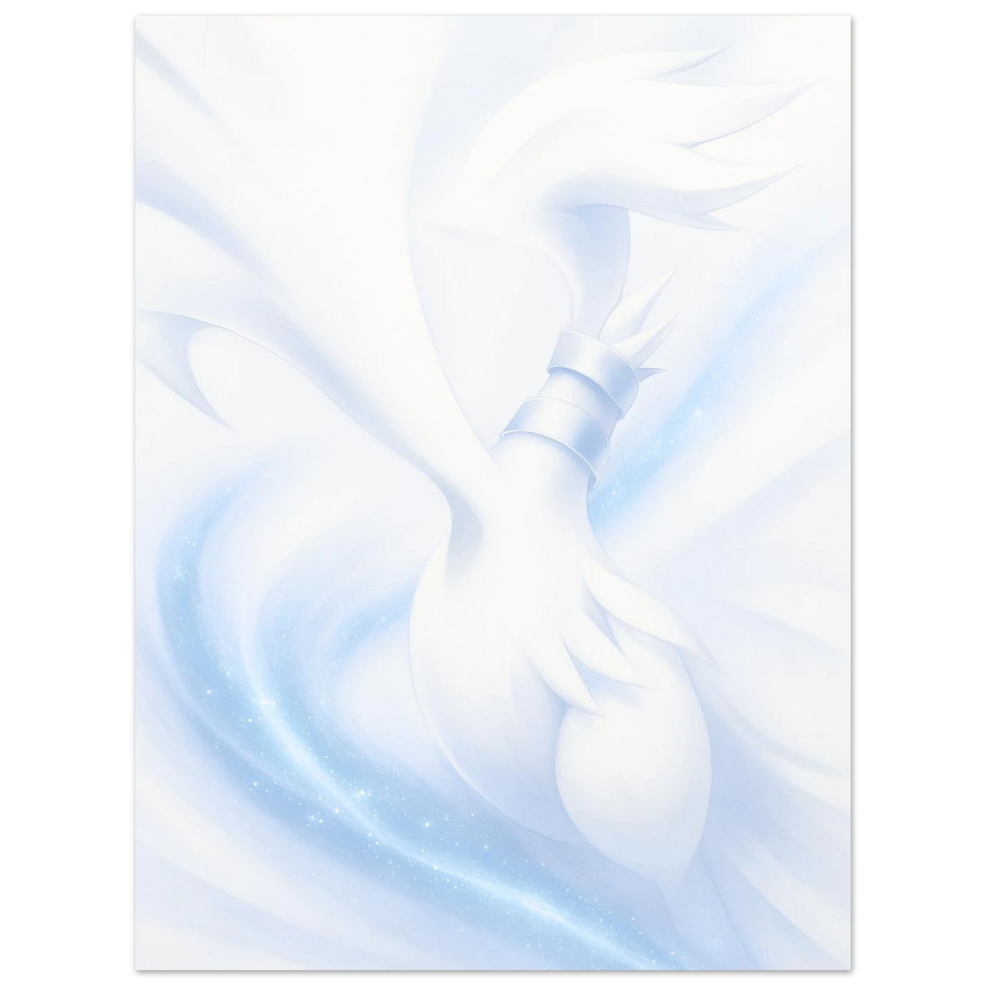 Reshiram 25 ans, sur fond blanc glacé et légèrement bleuté
