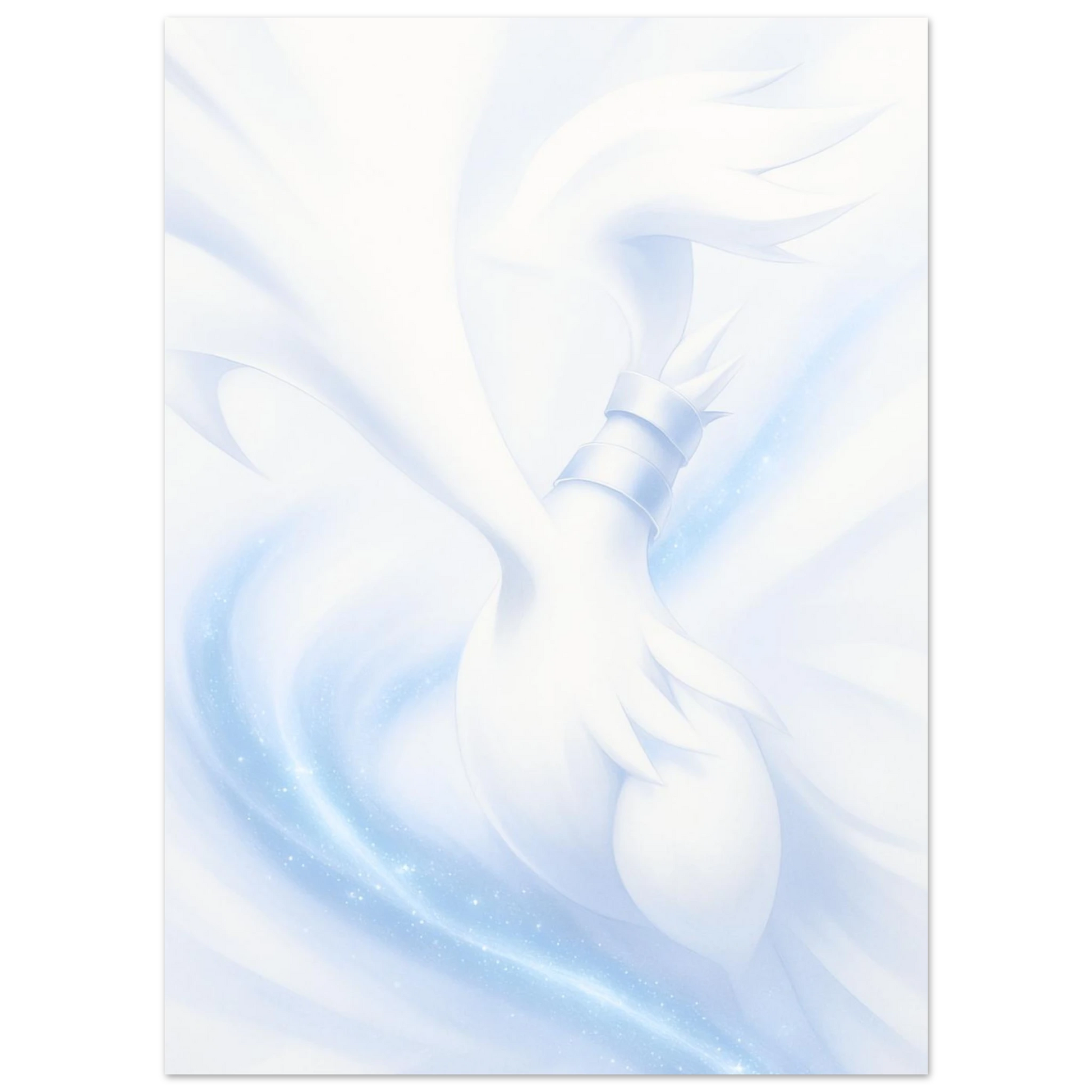 Reshiram 25 ans, sur fond blanc glacé et légèrement bleuté