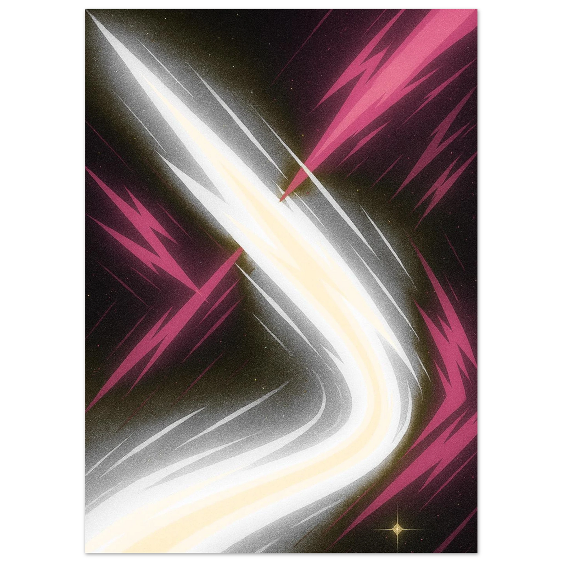 Méga Rayquaza 25 ans, sur fond noir, blanc et rose dynamique