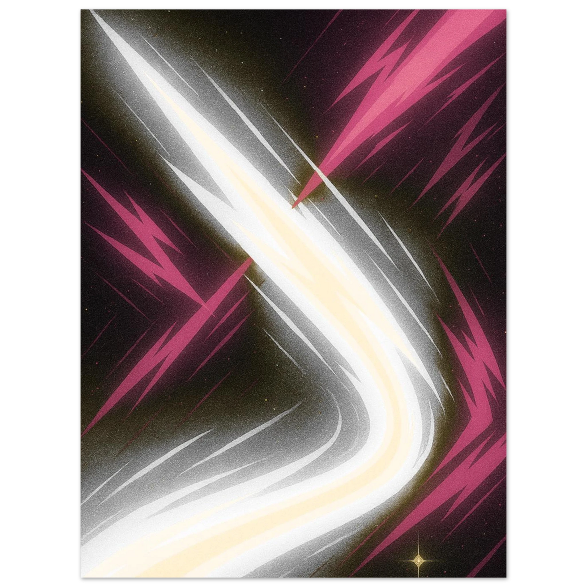 Méga Rayquaza 25 ans, sur fond noir, blanc et rose dynamique
