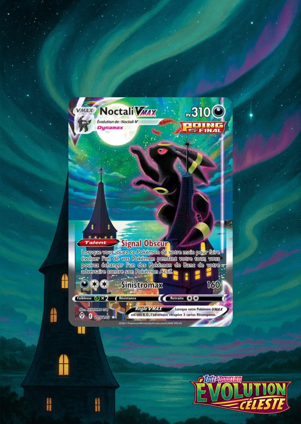 Carte Noctali VMAX sur fond d'aurore boréale avec silhouette de tour, ambiance sombre et magique.