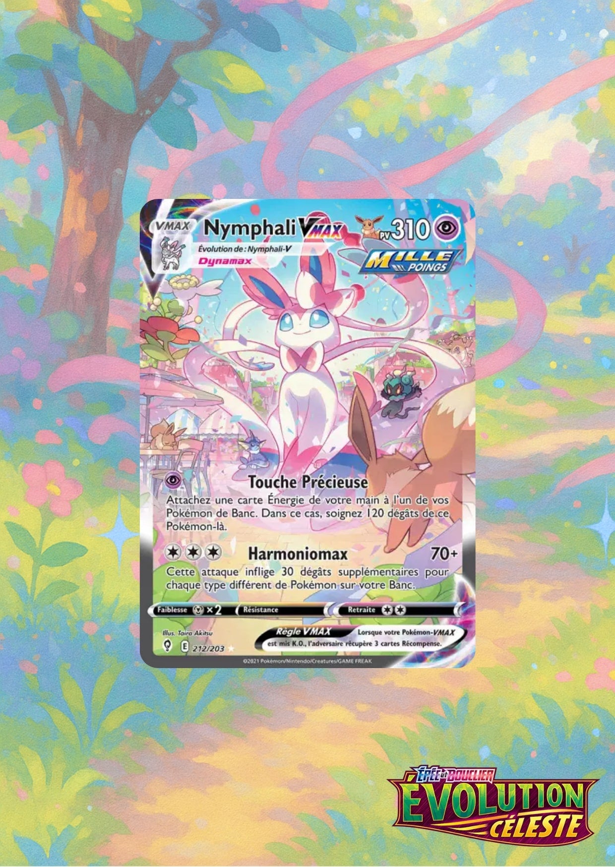 Carte Nymphali EX sur fond féérique rose et violet, orné de fleurs et de rubans.
