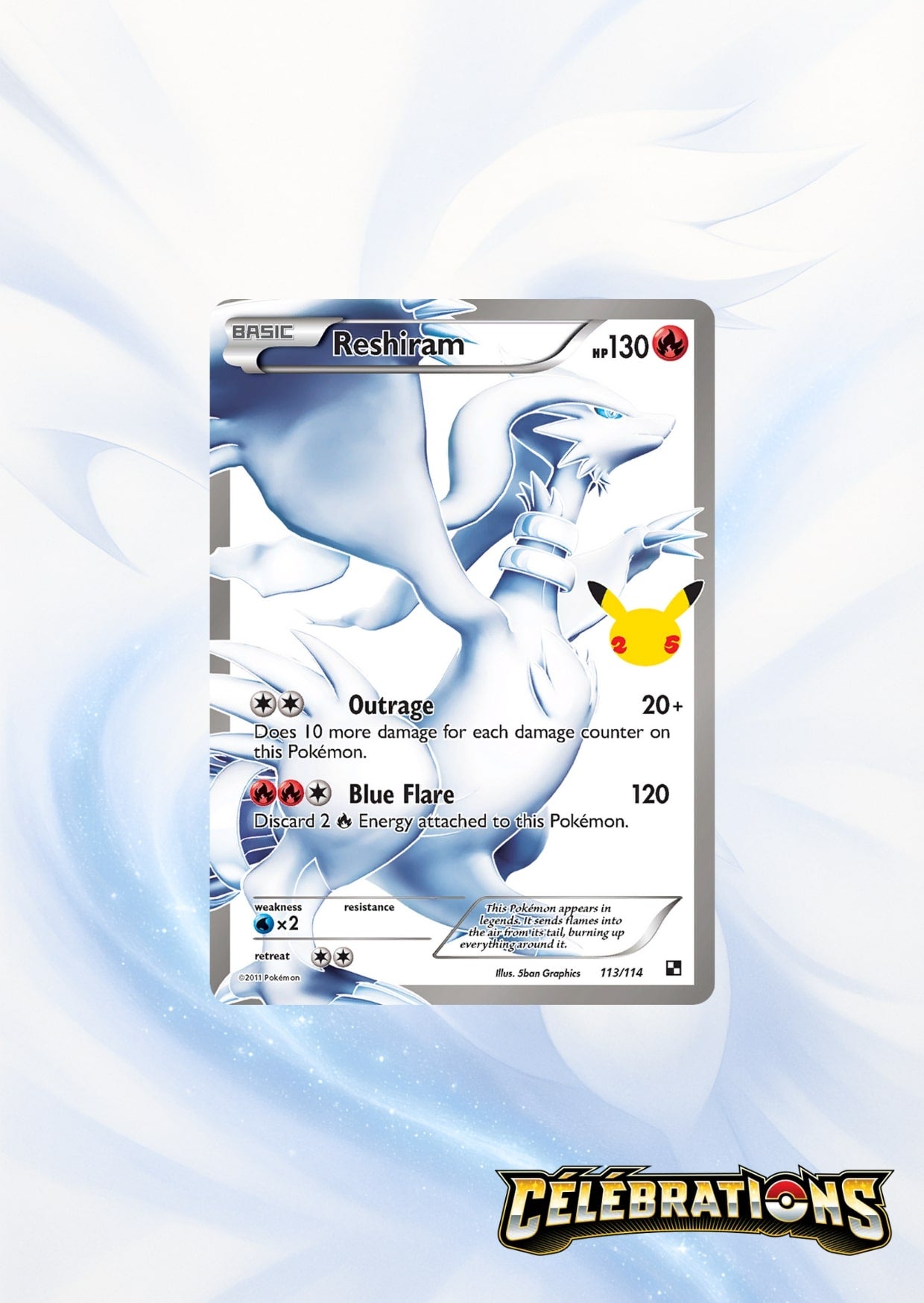 Reshiram 25 ans, sur fond blanc glacé et légèrement bleuté