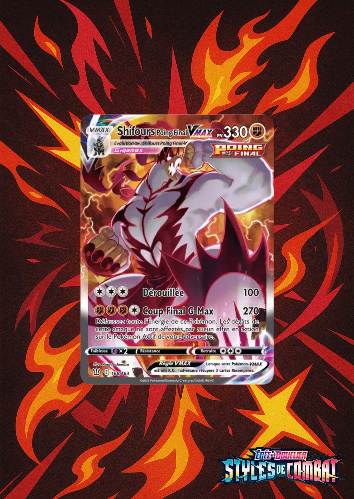 Carte Shifours Poing Final VMAX sur fond rouge et feu intense de l’extension Styles de Combat.