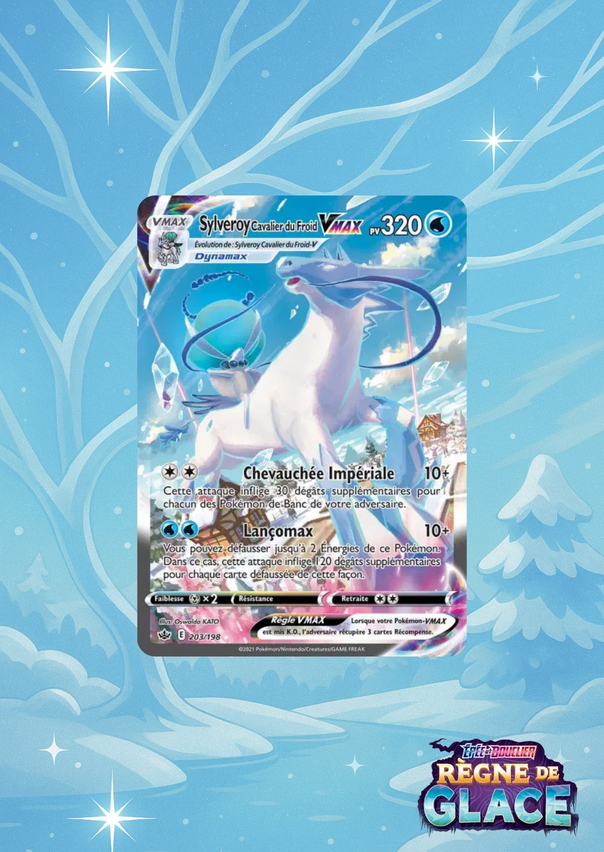 Carte Sylveroy Cavalier du Froid VMAX sur fond givré aux détails lumineux scintillants.