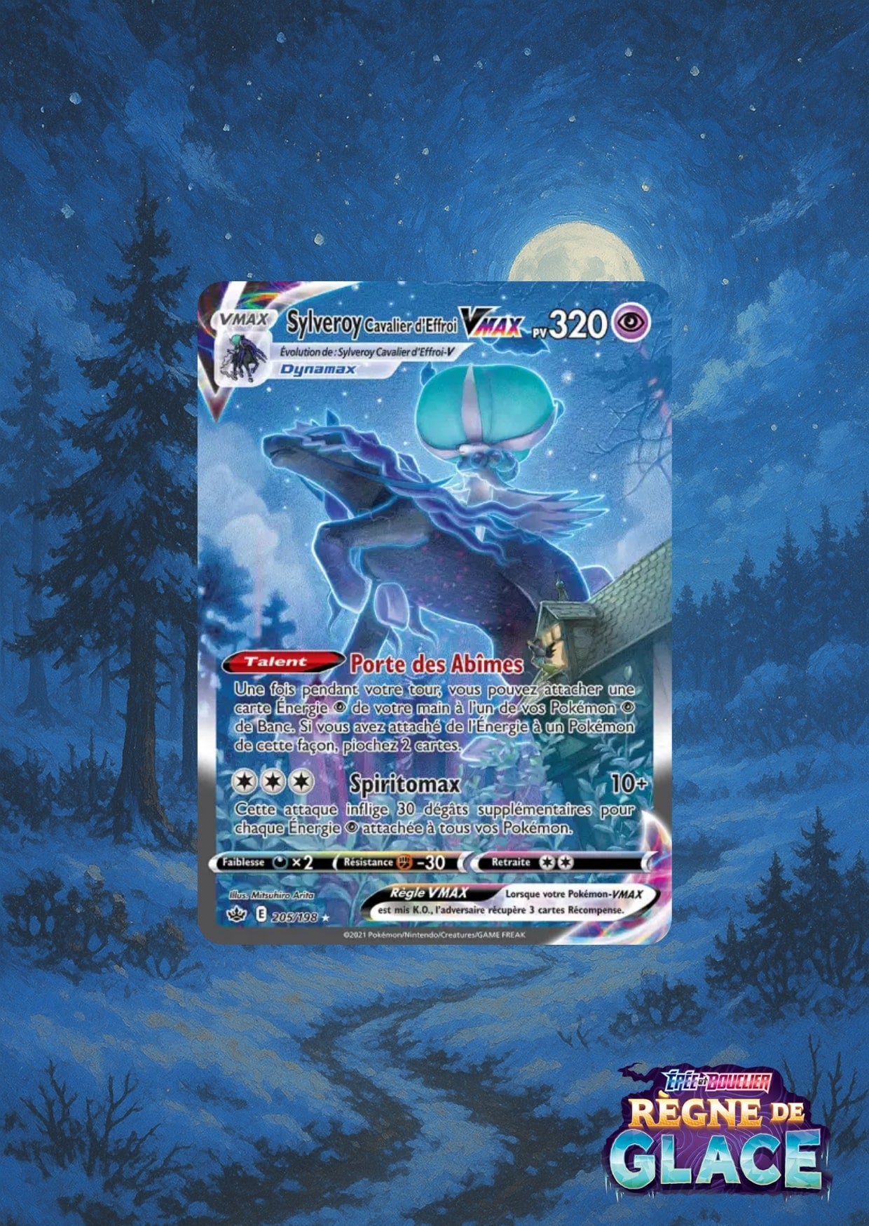 Carte Sylveroy Cavalier d’Effroi VMAX sur fond nocturne hivernal mystique, teintes bleues.
