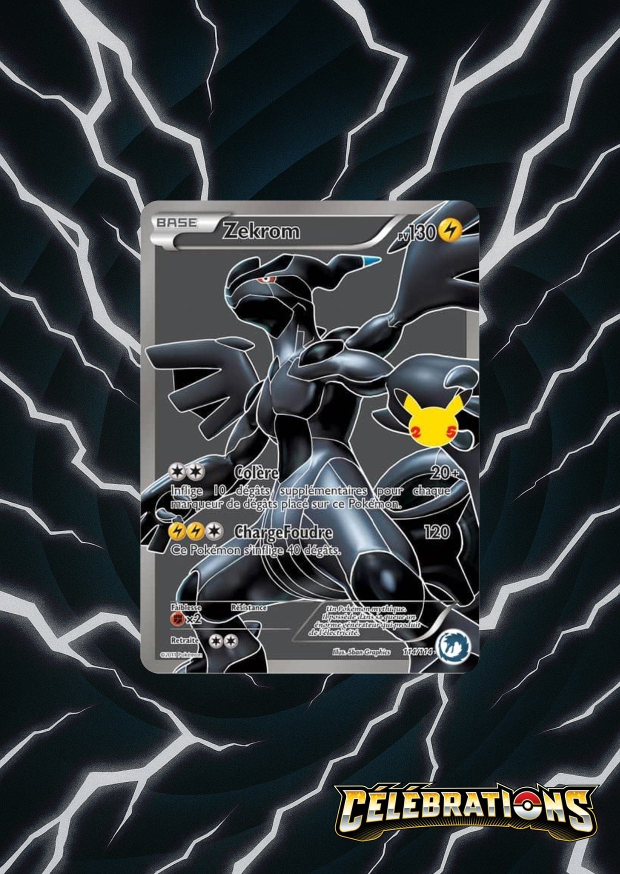 zekrom 25 ans sur fond blanc et noir électrique