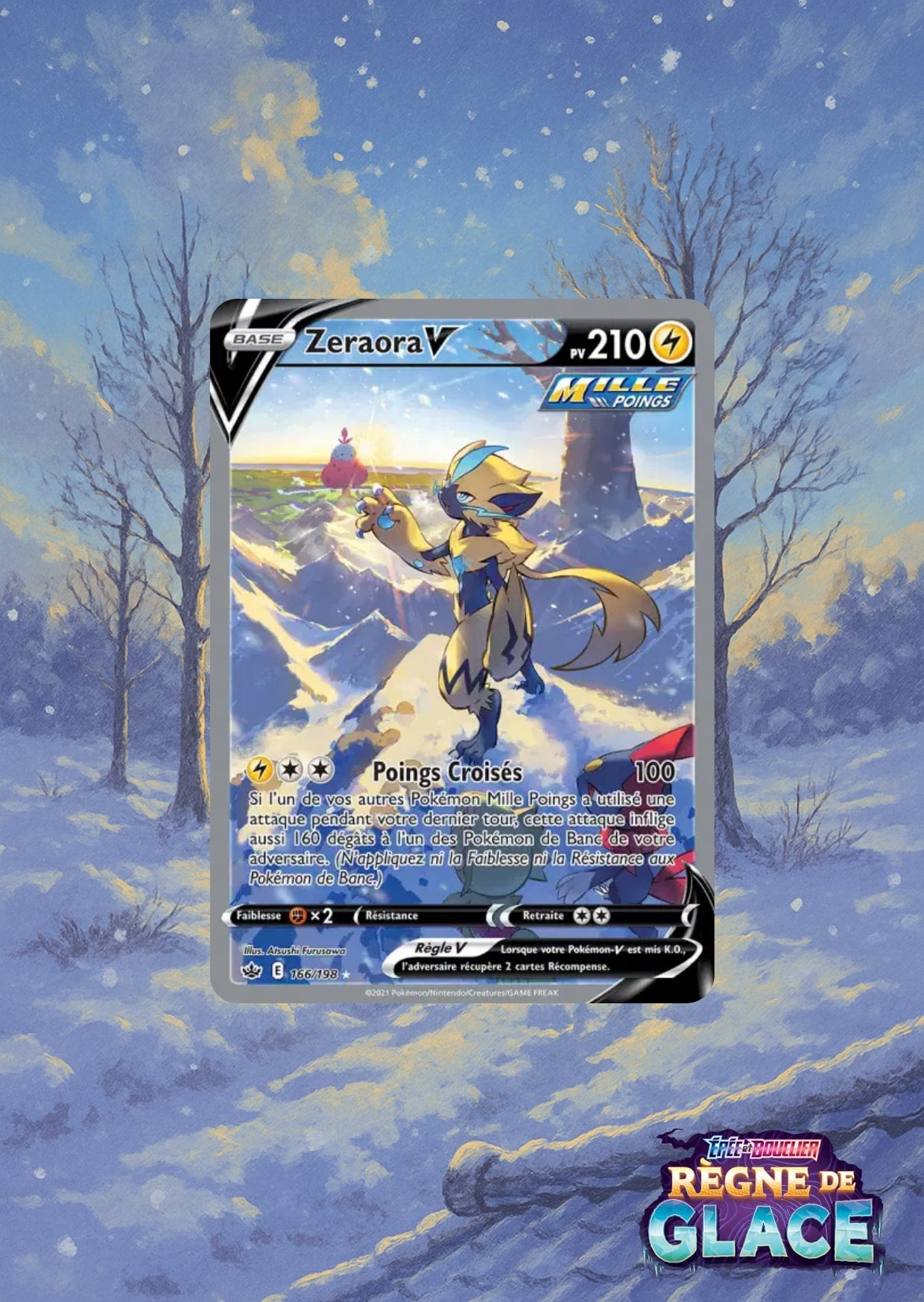 Carte Pokémon Zeraora V dans un décor enneigé avec Darumacho de Galar, fond au coucher du soleil. Illustration alt de l’extension Règne de Glace.